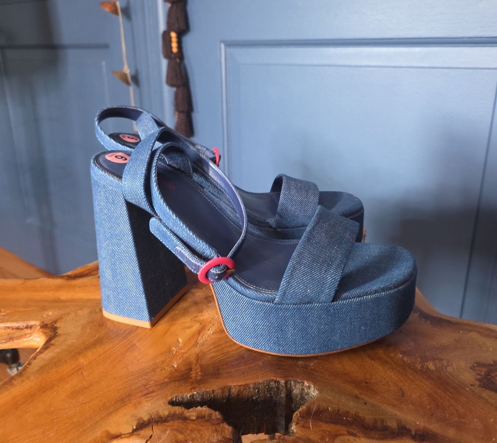 Denim Platform Block Heel Sandals - Blue